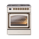 Antique white dual fuel range with bronze knobs and closed triple-glass oven door.