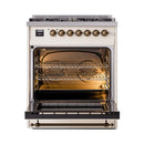 Antique white dual fuel range with triple-glass oven door open, racks visible