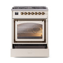 Antique white dual fuel range with closed oven door and bronze-trim oven window