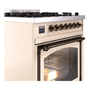 Antique white dual fuel range with bronze knob control panel and oven door open