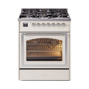 Antique white range with open oven door, oven racks visible through glass window