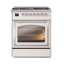 Antique white dual fuel range with chrome-trimmed oven door and front control knobs
