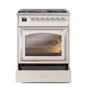 Antique white oven door with triple glass window and chrome handle, front view