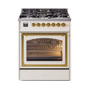 Antique white range with brass-trimmed oven door and visible interior racks