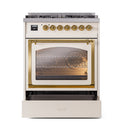 Antique white range with brass trim; oven door open showing racks through glass
