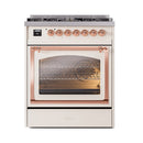 Antique white dual-fuel range with open oven door, copper handle trim and burner knobs