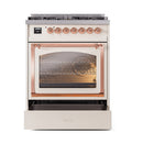 Antique white dual-fuel range with open oven door and bottom storage drawer