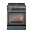 Blue grey dual-fuel range with bronze trim and lit oven window behind glass door