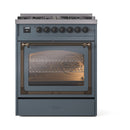 Blue-grey dual fuel range with open triple-glass oven door showing broil rack