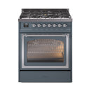 Blue-grey dual-fuel range with triple glass oven door and chrome control panel