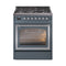 ILVE Nostalgie II Noblesse 30-Inch 4.0 Cu. Ft. Propane Gas Dual Fuel Range with 5 Burners and Triple Glass Door in Blue Grey with Chrome Trim (UN30NMPBGCLP)
