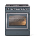 Blue-grey dual-fuel range with lit triple-glass oven door and chrome knobs