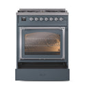 Blue-grey dual-fuel range front with triple-glass oven window and chrome trim