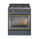 Blue grey 30-inch dual fuel range with triple glass oven door and brass trim