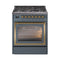 ILVE Nostalgie II Noblesse 30-Inch 4.0 Cu. Ft. Natural Gas Dual Fuel Range with 5 Burners and Triple Glass Door in Blue Grey with Brass Trim (UN30NMPBGG)
