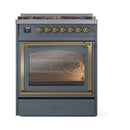 Blue grey oven range with triple glass door, brass trim, and control knobs across