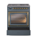 Blue grey range with triple glass oven door and brass-trimmed frame