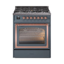 30-inch dual fuel gas range with triple glass oven door, blue grey and copper trim