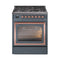 ILVE Nostalgie II Noblesse 30-Inch 4.0 Cu. Ft. Natural Gas Dual Fuel Range with 5 Burners and Triple Glass Door in Blue Grey with Copper Trim (UN30NMPBGP)