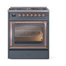 Blue grey dual fuel range with triple glass oven door and copper-trim control panel