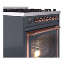 Blue grey ILVE range side view with copper oven trim, control knobs, and cooktop grates