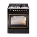Glossy black ILVE dual fuel range with bronze control knobs and triple glass door