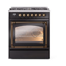 Glossy black ILVE dual fuel range front with bronze knobs and lit triple glass oven window