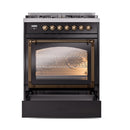 Glossy black ILVE dual fuel range with bronze knobs and closed oven with glass window