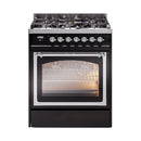 Glossy black dual fuel range with chrome-trimmed oven window and lit interior