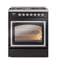 Glossy black dual-fuel range with chrome-trim oven window and control knobs