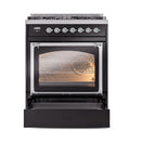Glossy black dual fuel range with chrome-framed oven glass and lit interior