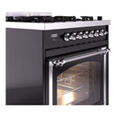 Glossy black dual fuel range with chrome control knobs and oven door handle