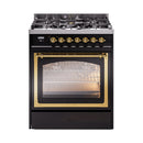 Black range oven door open with glass front and brass window trim