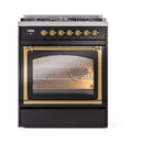 Glossy black ILVE dual fuel gas range with brass trim, lit triple glass oven
