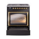 ILVE dual fuel range with open triple glass oven door, lit interior and brass trim