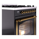 ILVE dual fuel gas range side view with brass knobs and glass oven door