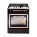 Black dual fuel range with triple-glass oven door, copper-trim controls and burner knobs