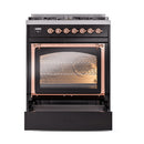 Glossy black oven range with copper-trim open door and visible triple glass window