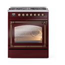 Burgundy oven door with triple glass window and bronze gas control knobs
