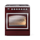 Burgundy range with lit oven window behind triple-glass door and chrome-trim frame