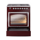 Burgundy dual-fuel range with chrome control knobs and lit oven window