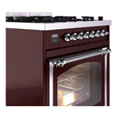 Burgundy dual fuel range with control knobs and open oven door with chrome handle