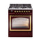 ILVE Nostalgie II Noblesse 30-Inch 4.0 Cu. Ft. Natural Gas Dual Fuel Range with 5 Burners and Triple Glass Door in Burgundy with Brass Trim (UN30NMPBUG)