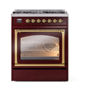Burgundy gas dual-fuel range with brass-trimmed triple-pane glass oven door