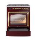 Burgundy ILVE oven with brass-trimmed triple-glass door and illuminated interior