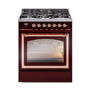 Burgundy dual-fuel gas range with triple glass oven door and copper trim detailing