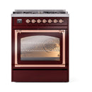 Burgundy dual-fuel gas range front with triple glass oven door and control knobs