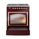 Burgundy dual-fuel range with triple glass oven door and copper oven handle