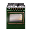 Emerald green dual-fuel range with bronze knobs, gas burners, and oven window