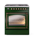 Emerald green dual-fuel range with bronze control knobs and triple glass oven door